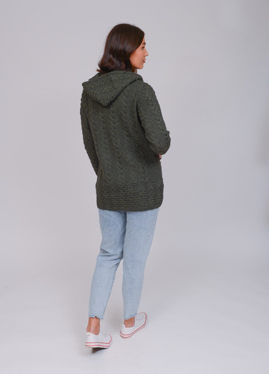 Aran Crafts Long Zip Aran Cardigan With Hood Army Green Standun