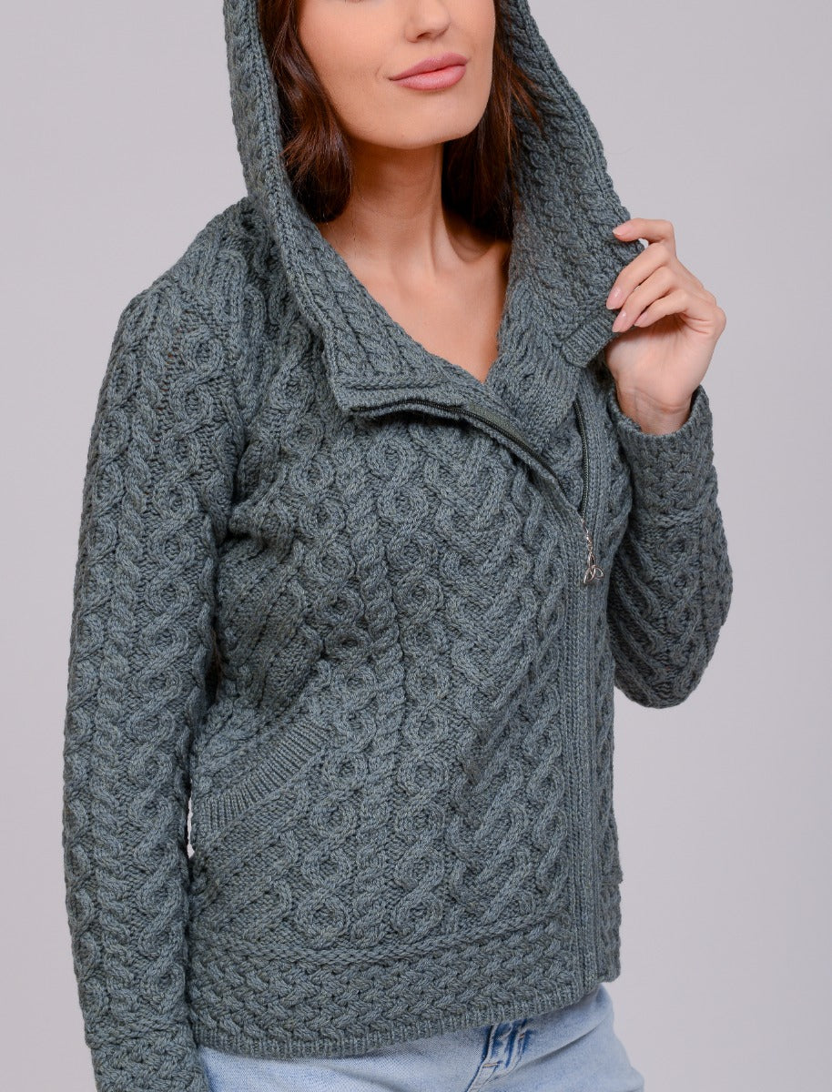 100% Wool Hooded Cardigan with Heart Stitching