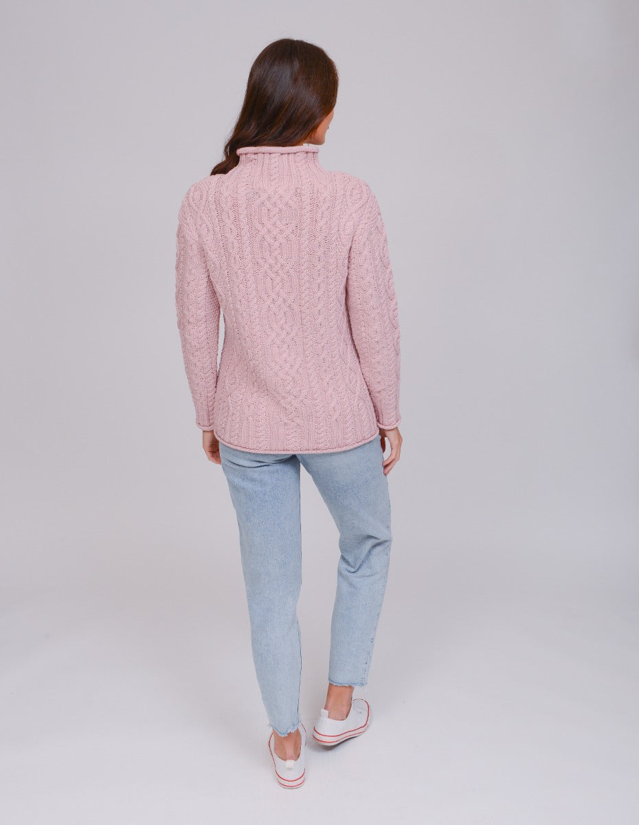 West End Knitwear | Supersoft Aran Funnel Neck Sweater | Pink | CR4690