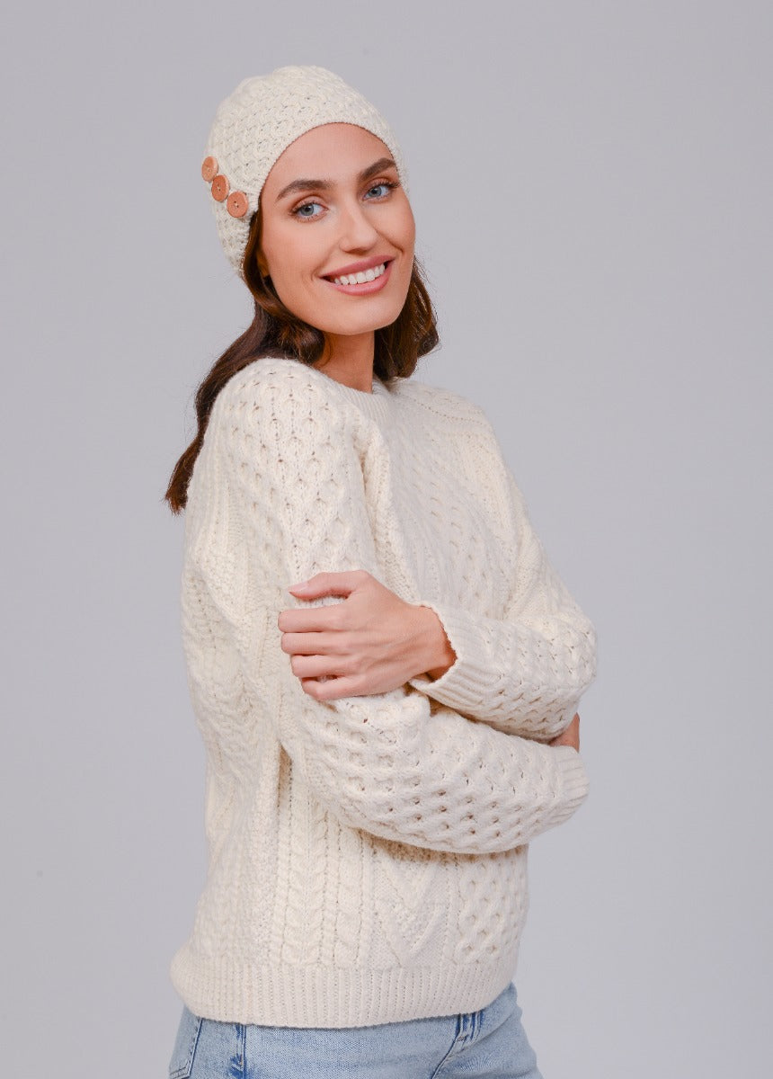 Aran Merino Wool Hat with 3 Buttons , Natural