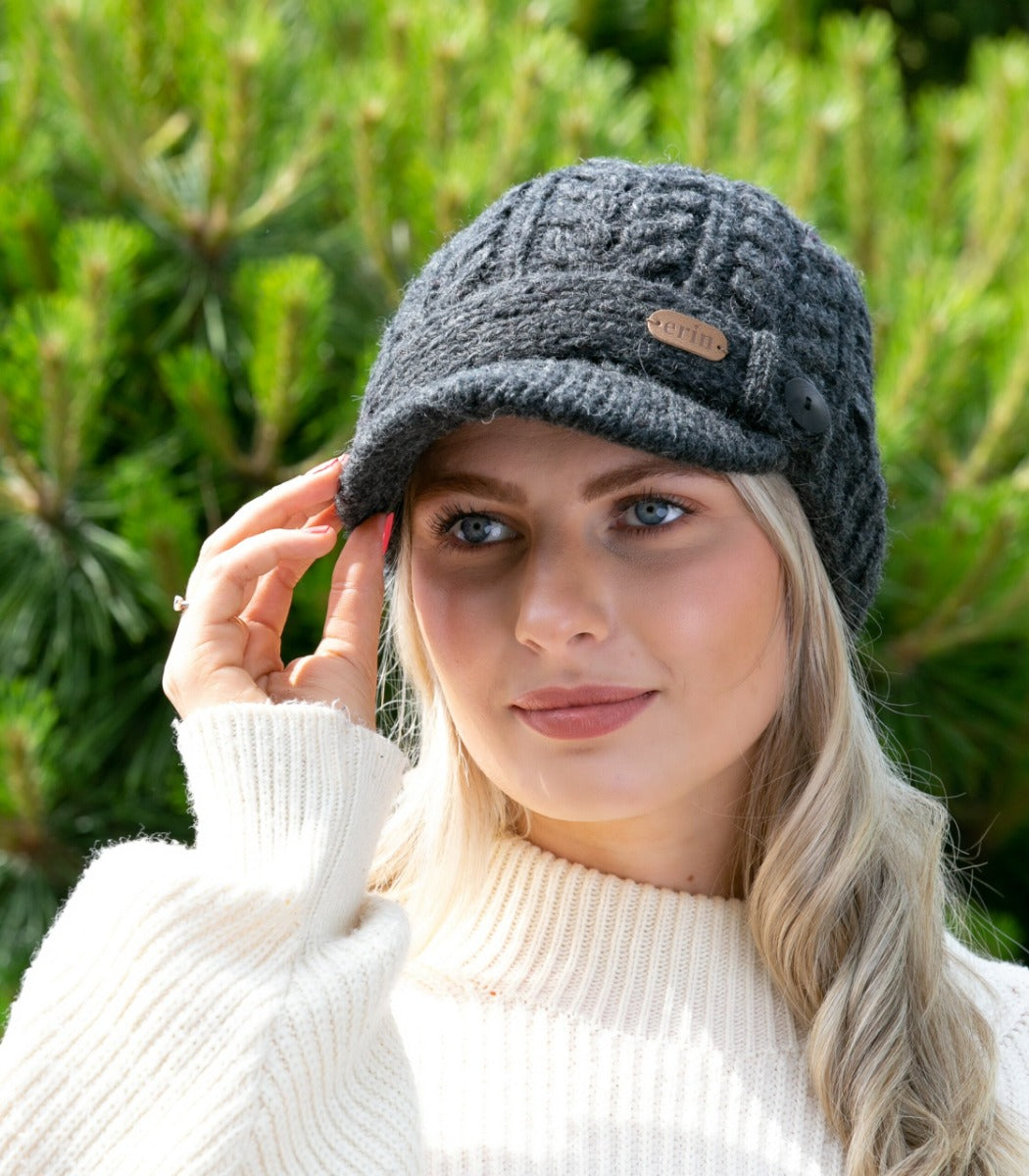 Erin Knitwear | Aran Cable Peak Hat Charcoal