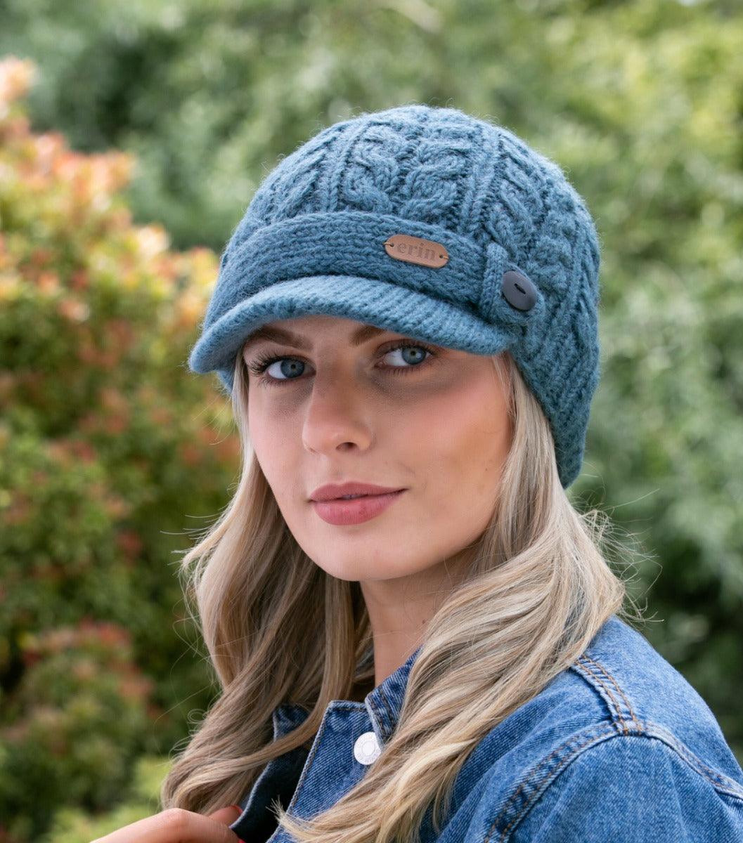 Erin Knitwear | Aran Cable Peak Hat Denimn Blue