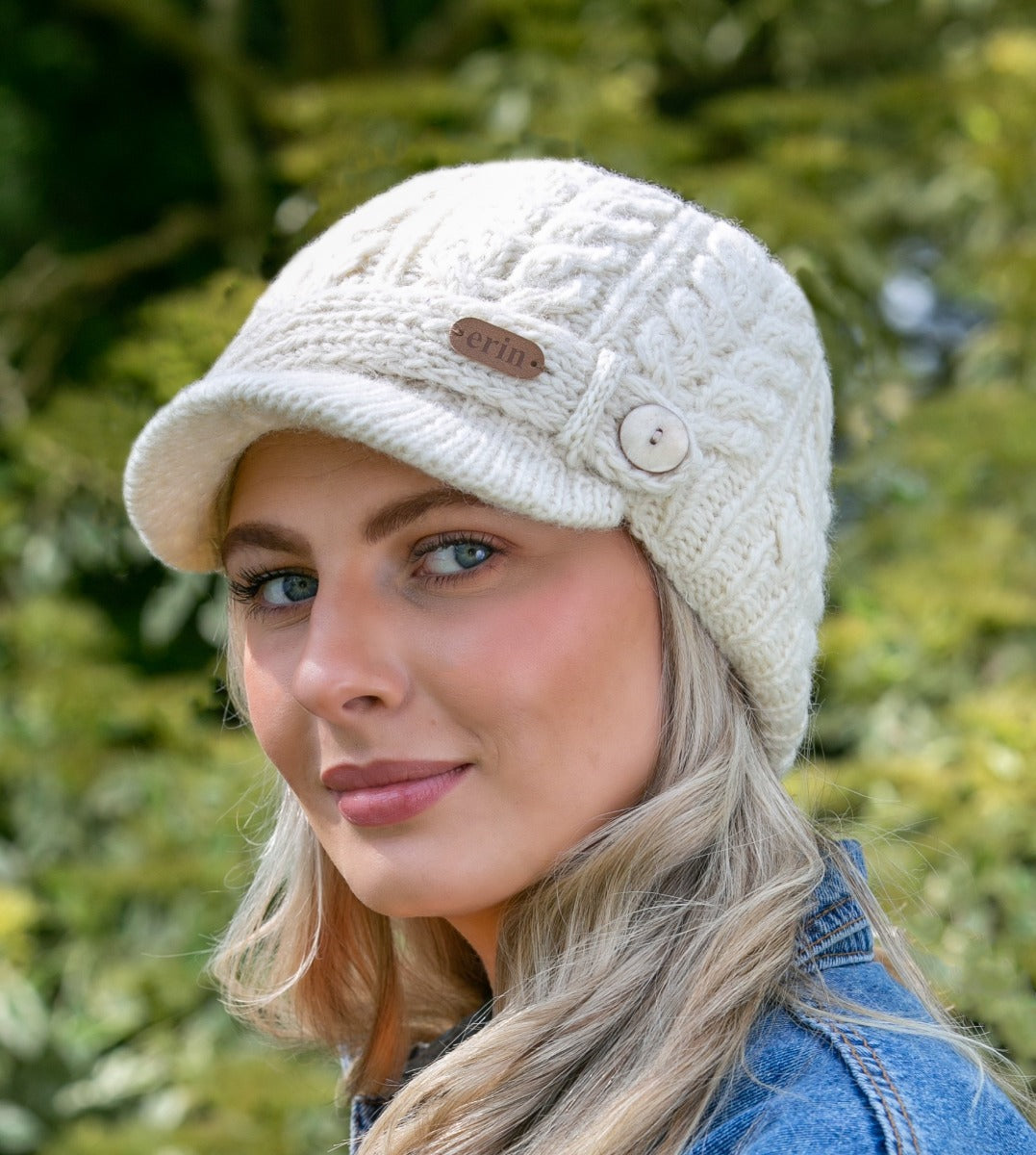 Erin Knitwear | Aran Cable Peak Hat White