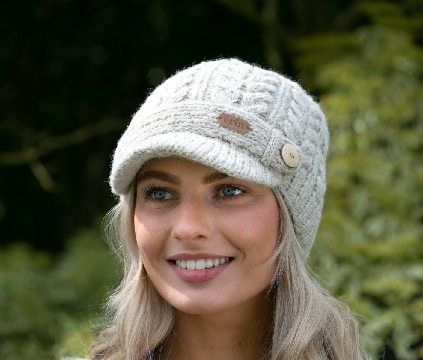 Erin Knitwear | Aran Cable Peak Hat Oatmeal