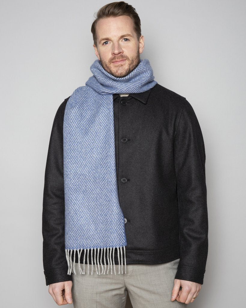 Foxford Woollen Mills | Herringbone Lambswool Scarf- Denim and White