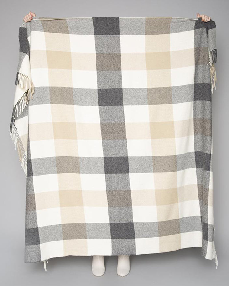 Foxford Woollen Mills | Classic Check Throw- Natural, Grey and Beige