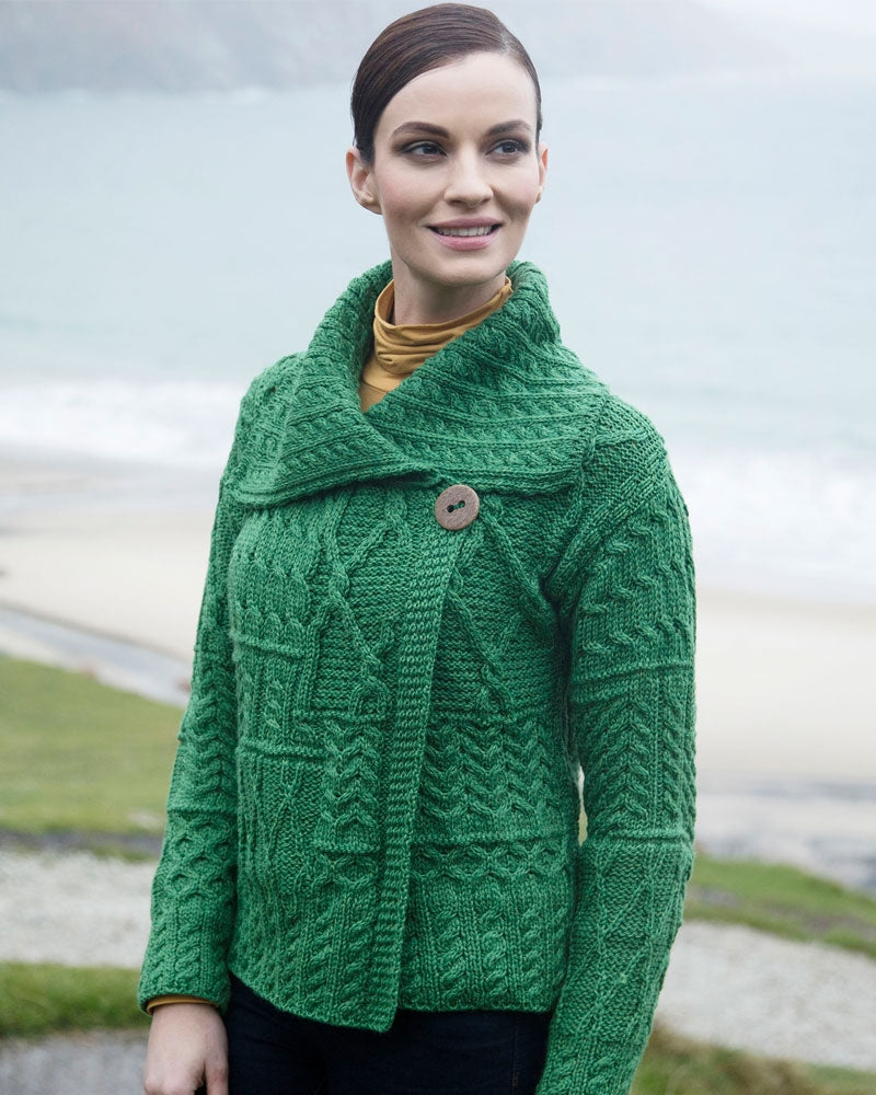 Aran Woollen Mills |One-Button Sweater with Draped Collar | Kiwi Green |  A313