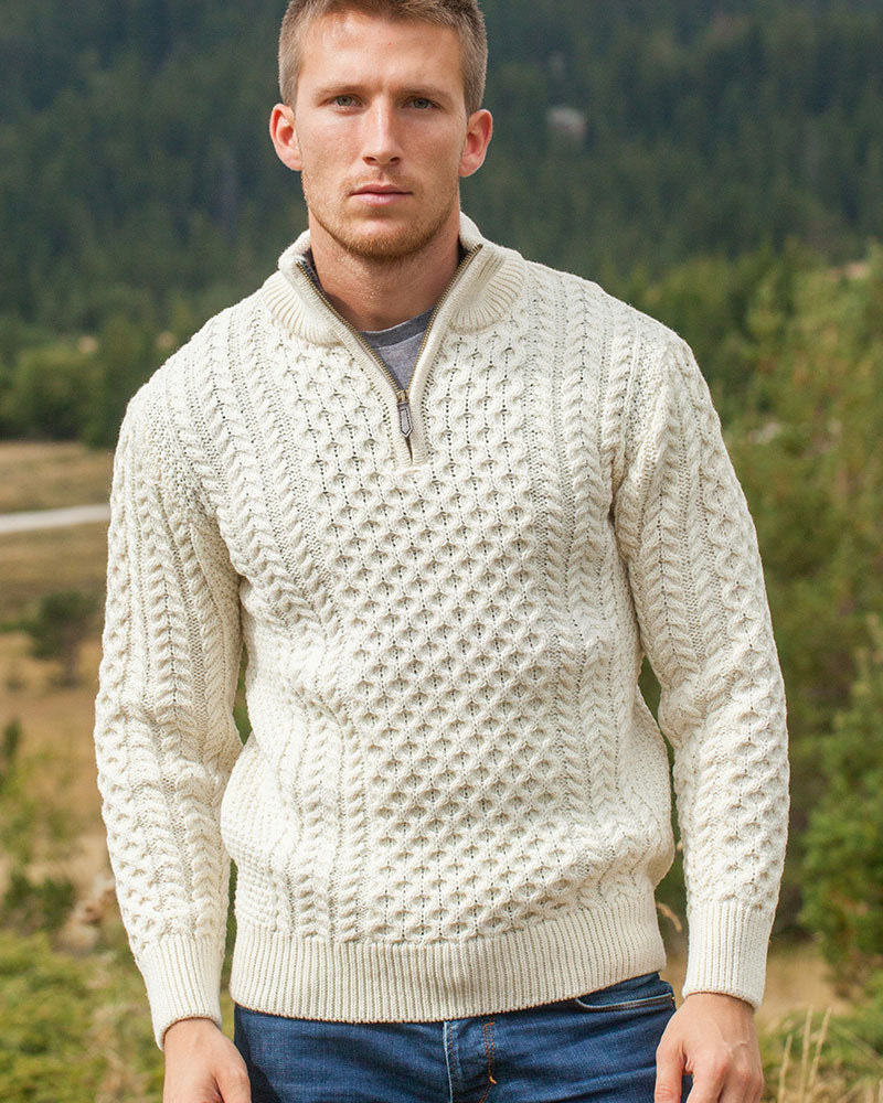 Original Aran Co. | Men's 1/4 Zip Honeycomb Sweater 2507A -Natural