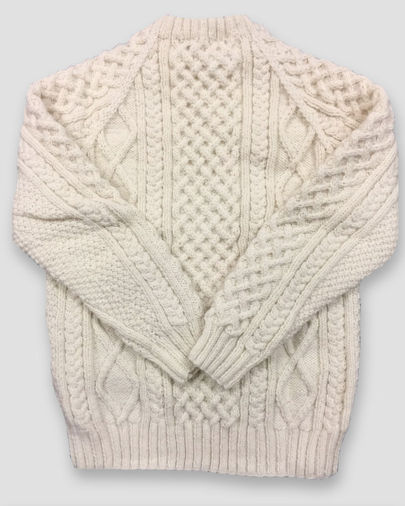 Rear image of a traditional Aran sweater made from 100% Irish wool
