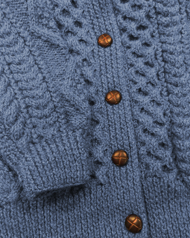 Close-up image of a traditional Aran sweater made from 100% Irish wool