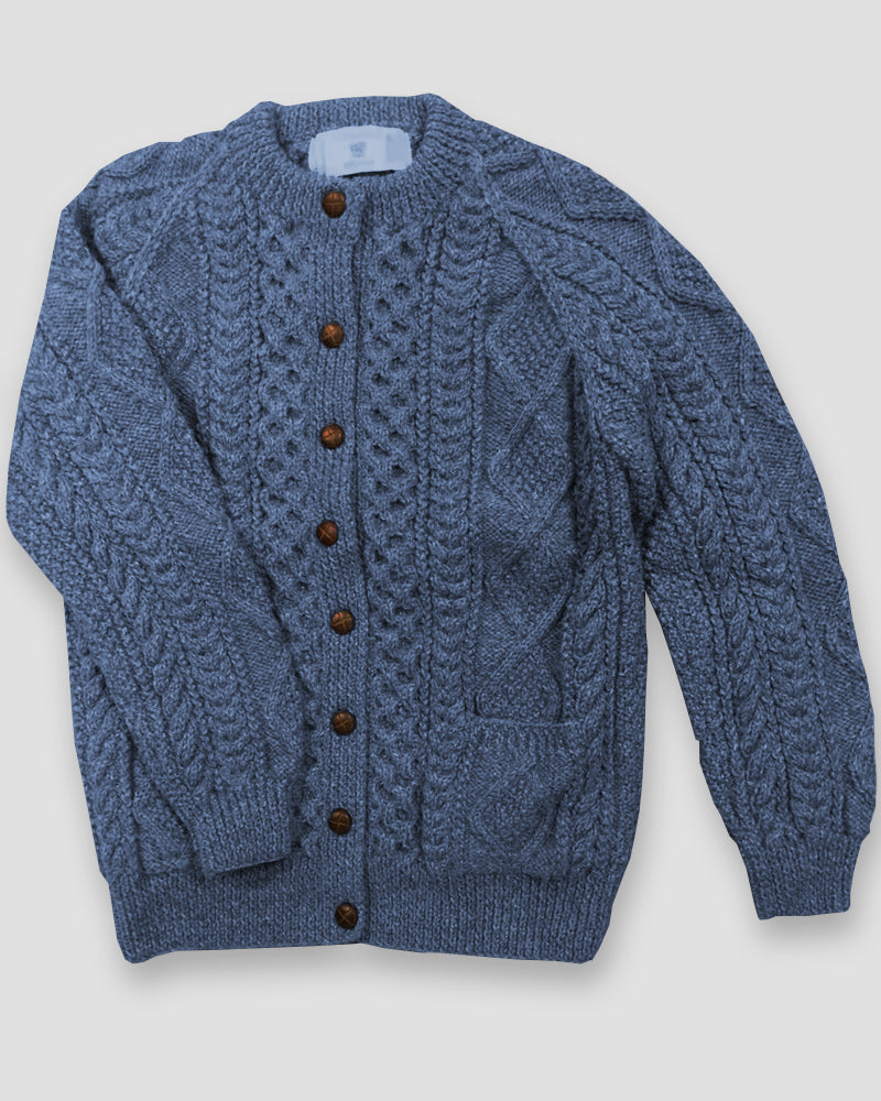 Front image of a denim-coloured traditional Aran sweater made from 100% Irish wool