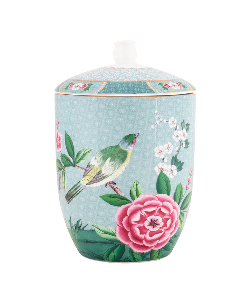 Product shot of Pip Studio Amsterdam's Blushing Birds storage jar in blue