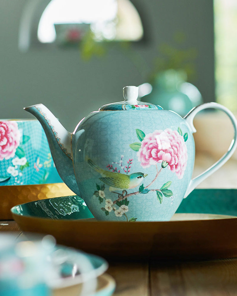 Lifestyle shot of Pip Studio Blushing Birds teapot in blue